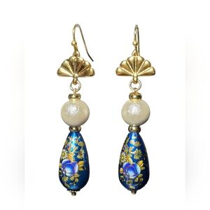 Gold and Blue Floral Japanese Tensha Bead & Cotton Pearl Drop Earrings